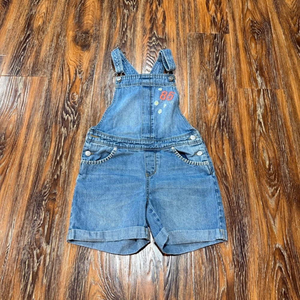 Y2K Tommy Hilfiger Girls Denim Shortalls Blue Embroidered Overalls Size L 12-14